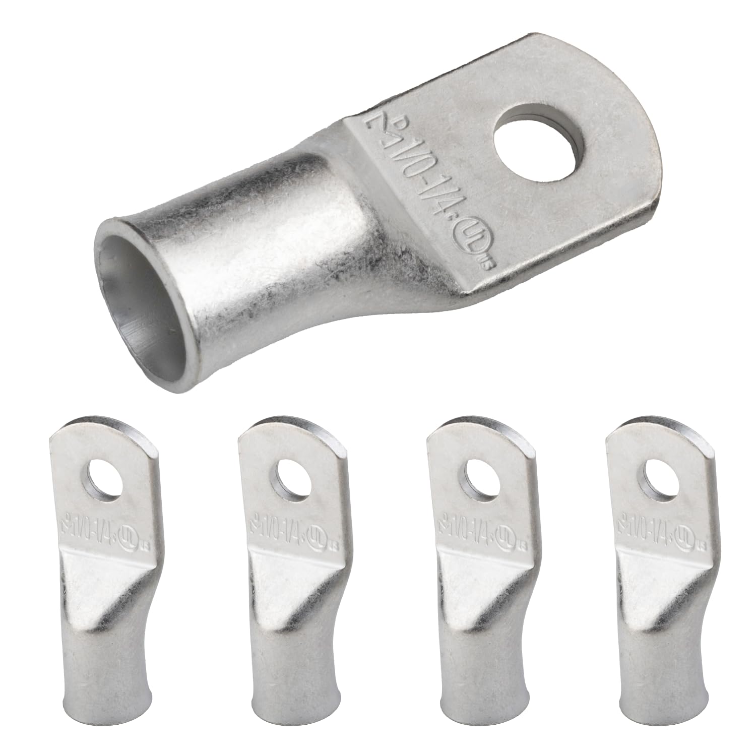 SELTERM 1/0 AWG (50 mm²) - 1/4" (M6) ⌀ Hole UL Marine Grade Wire Lugs, Battery Cable Ends, Tinned Copper Eyelets, Tubular Ring Terminal Connectors [B64] - 5 Pack — image 1
