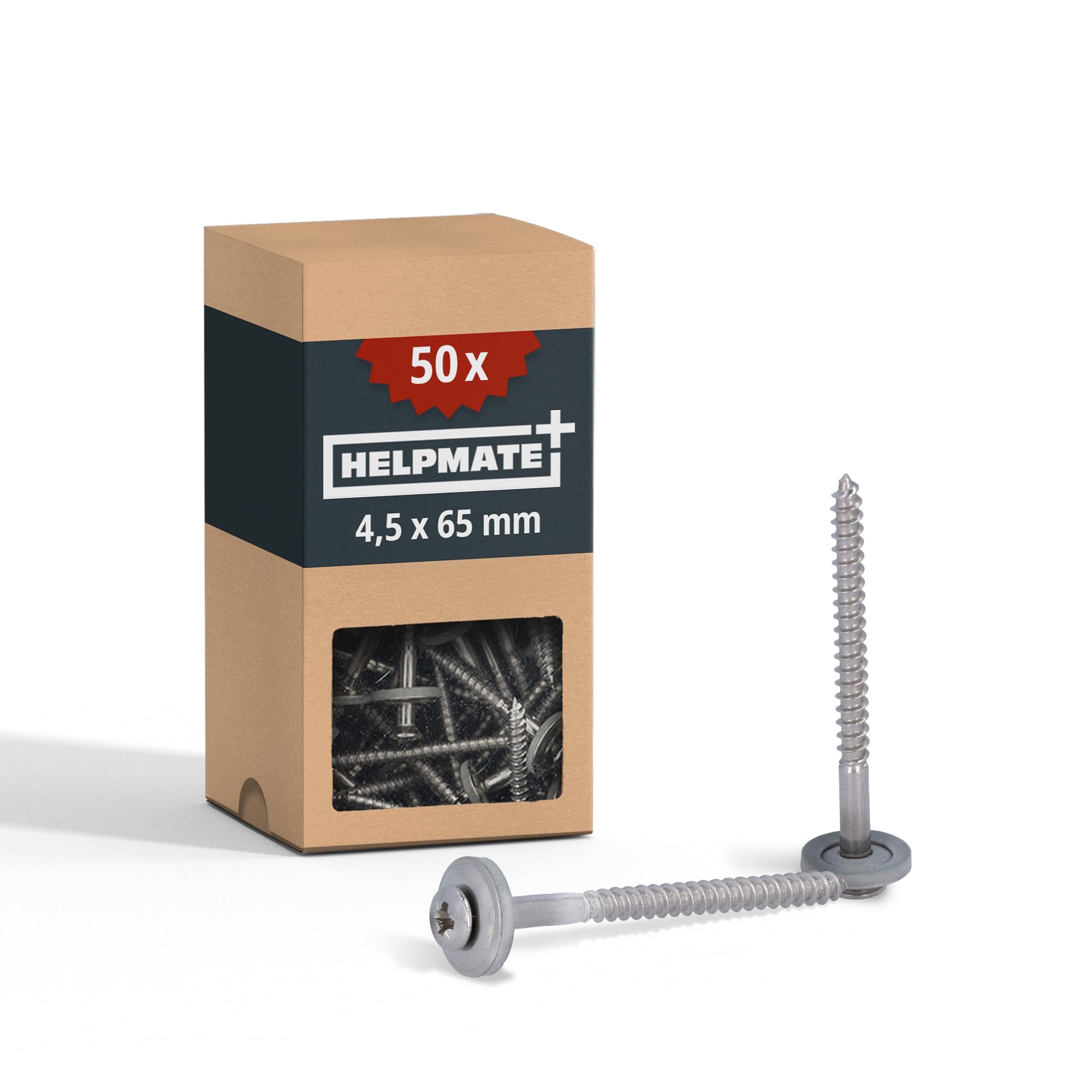 HELPMATE – Spenglerschrauben 4,5x65 mm – 50 Stück – Edelstahl A2 – DIN 7995 – PZ2 – Dachdeckerschrauben mit Linsenkopf, Tellerscheibe & EPDM-Dichtung – Silber