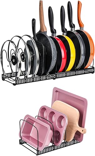 Toplife Estante organizador ajustable para más de 10 sartenes + 7 tapas organizador para armario de cocina y encimera, color negro