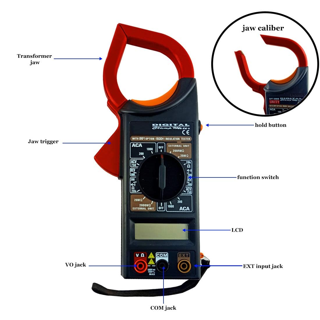 VMTRONIX DT-266 Ac Dc Digital Clamp Multimeter | Auto Ranging |Amp Current Voltage Measurement Device| Ammeter Resistance Buzzer Data Hold with Carry Case Red Colour - Image 4 thumbnail