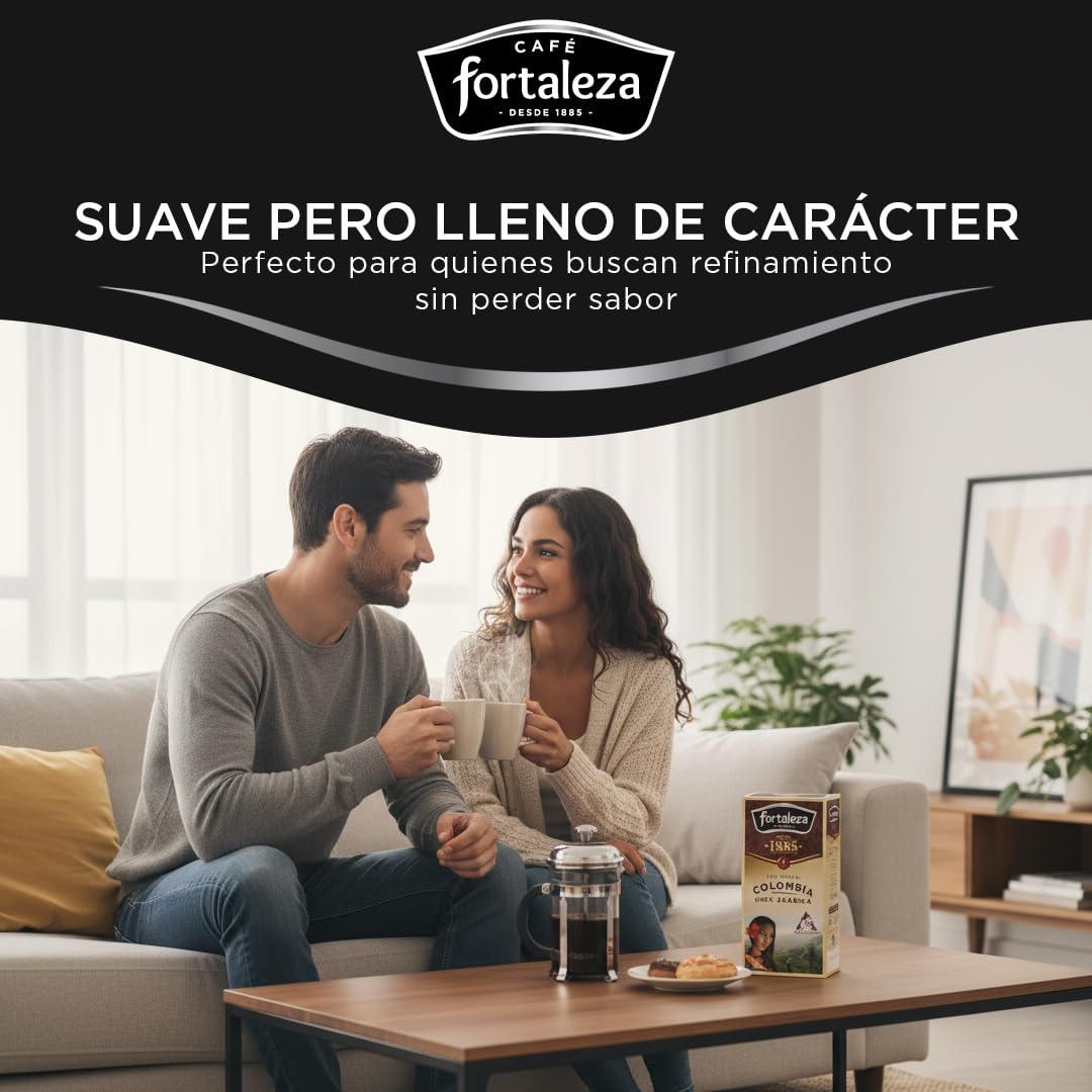 CAFÉ FORTALEZA Café Molido de Colombia 100% Arábica Pack 250g x 8 - Total 2 Kg – Café Colombiano con Suavidad y Aroma Floral - Molido con Matices Herbales - Café Suave para Cafetera Filtro o Italiana