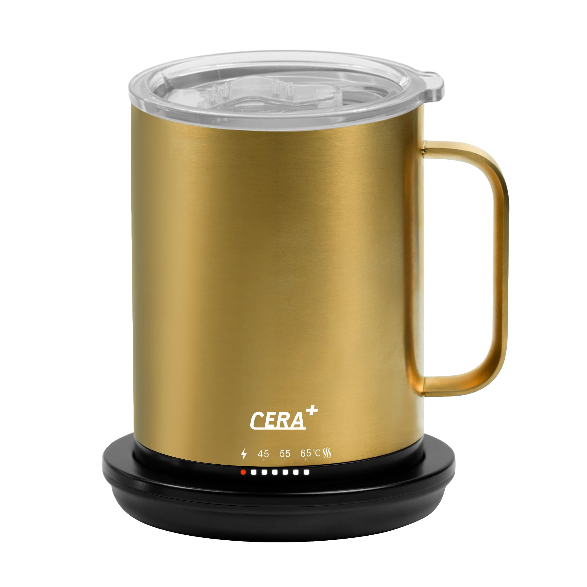 CERA+ Coffee Mug, Gold 414ml, Self Heating, Temperature Control, Smart Coffee Cup with Lid and Charging Coaster. App and Manual Controlled heating coffee and tea cup, 1.5hr battery life. MUG MM14