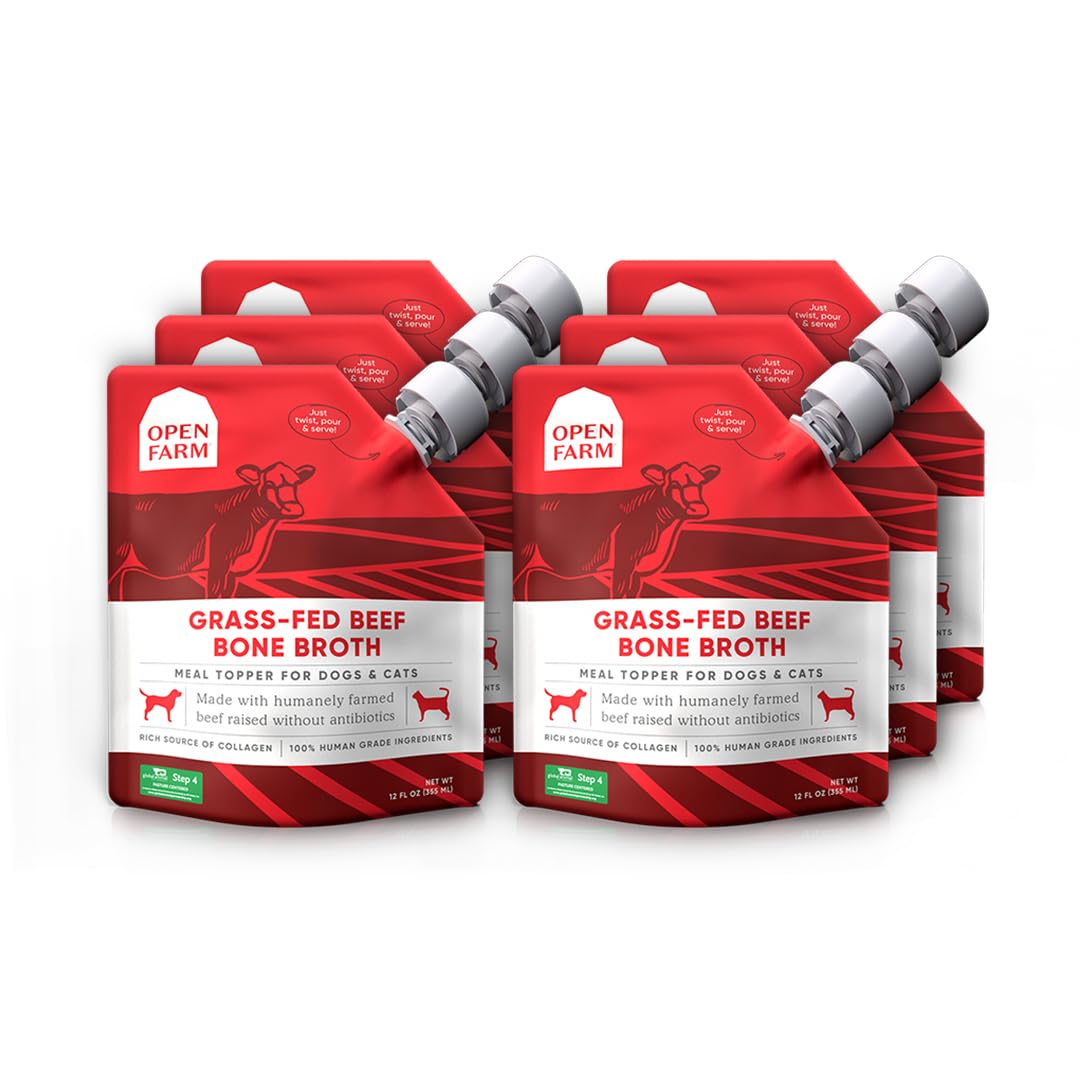 Open FarmBone Broth, Food Topper for Both Dogs and Cats with Responsibly Sourced Meat and Superfoods Without Artificial Flavors or Preservatives, 72oz (6 Pack Grass-Fed Beef)