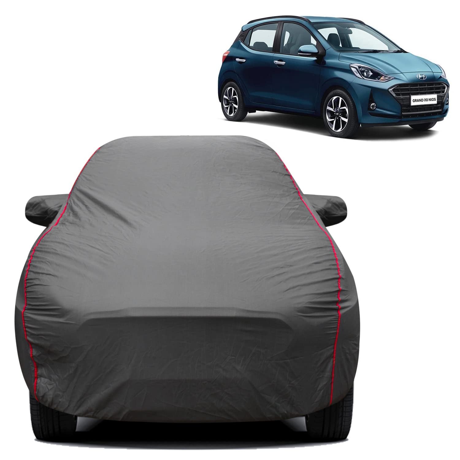 Spaiko Heavy Duty With Red Piping Triple Stitched Car Body with Mirror Pockets Cover Compatible with Hyundai Grand I10 NIOS (Full Sized, Grey)