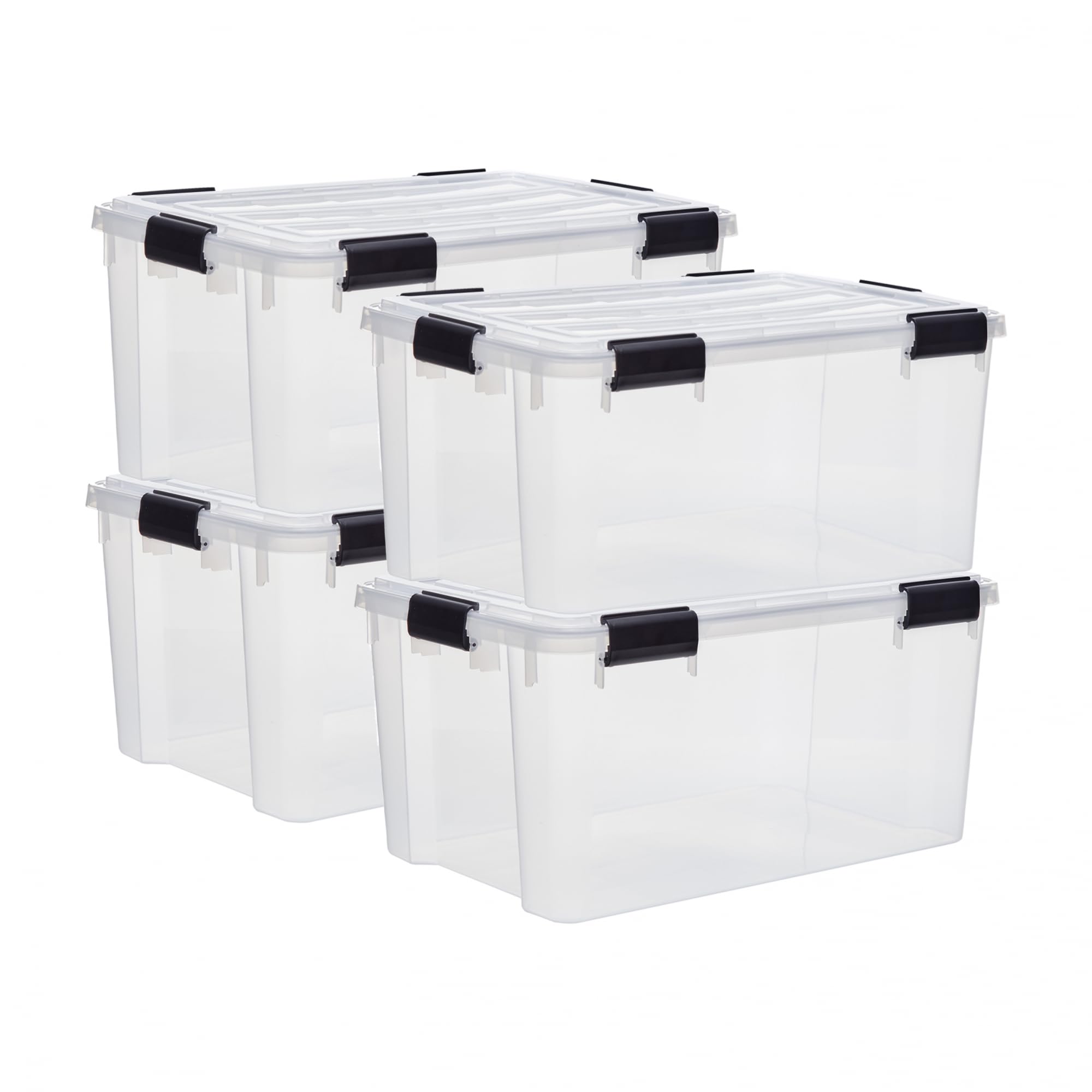 Iris Ohyama 4 Cajas herméticas de plástico con tapa y cierres a presión, 50L, Transparente, sello impermeable, apilables, antipolvo, para ropas, camping, exteriores, cubo de almacenaje, box,