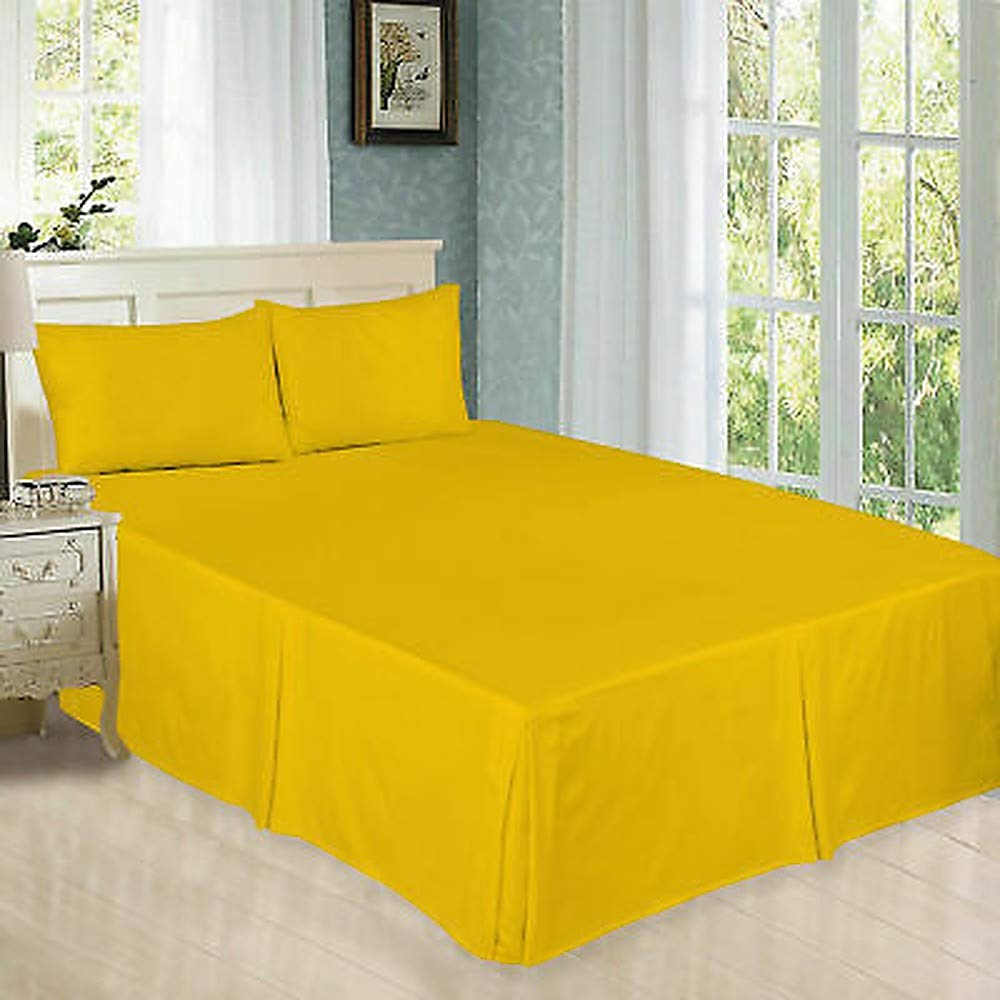 Looms & Leaves Mustard 100% Poly Cotton Plain Dyed Platform Base Valance Box Pleated Sheets In (, Single)