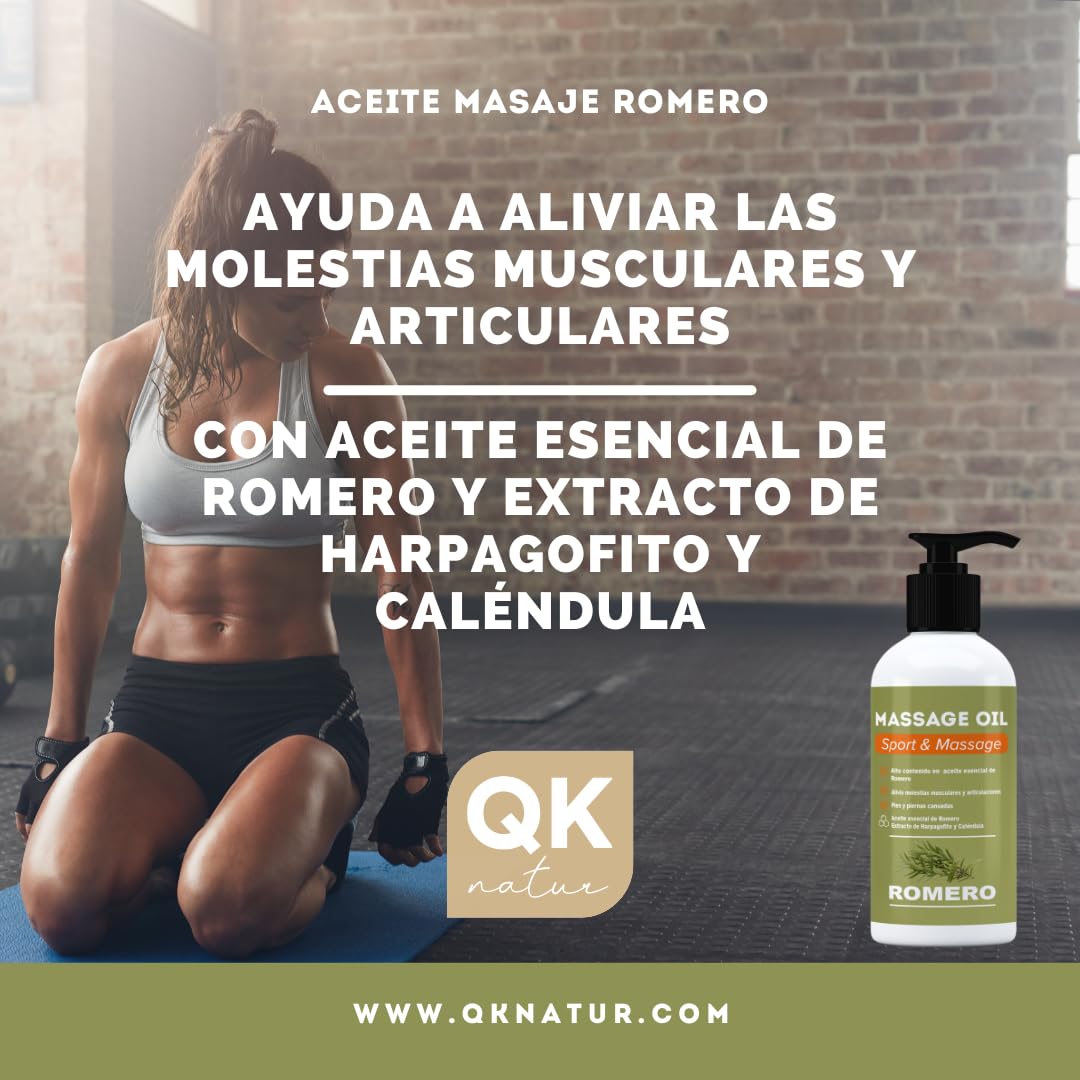 QKnatur - Aceite de ROMERO - Aceite para Masaje con Alto Contenido en Aceite Esencial de Romero y Extractos de Harpagofito y Calendula - Recuperador Muscular (250 ml) Aceite de Romero para Masaje