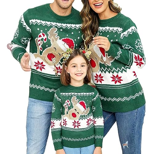 Family Matching Christmas Sweater Reindeer Snowflakes Print Ugly Sweater Long Sleeve Pullover Top