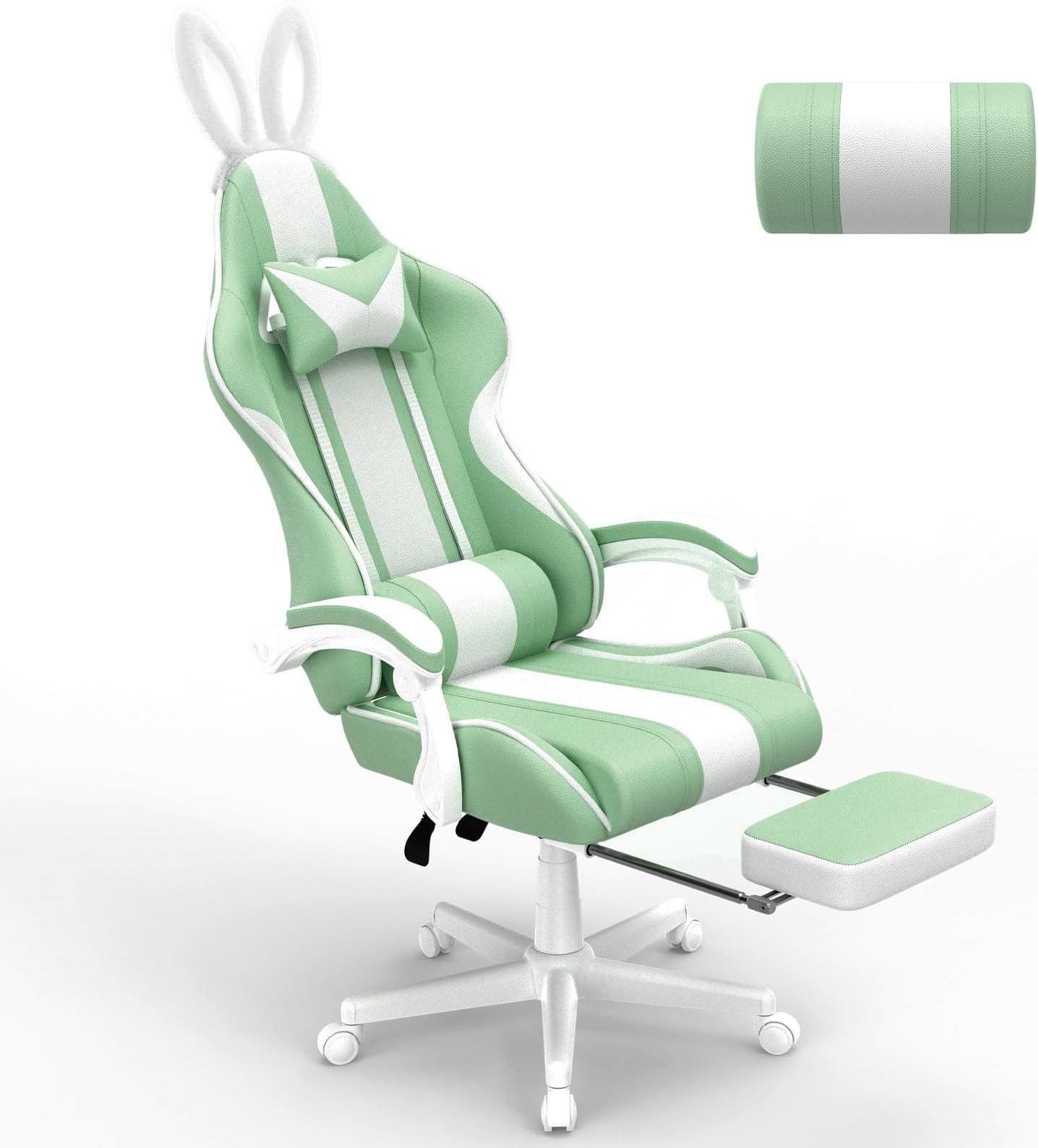 Ferghana Kawaii Bunny Ears Gaming Chair, Cute Gamer Chair with Footrest and Massage, Leather Ergonomic Computer Game Chairs for Girls Adults Teens Kids Light Green