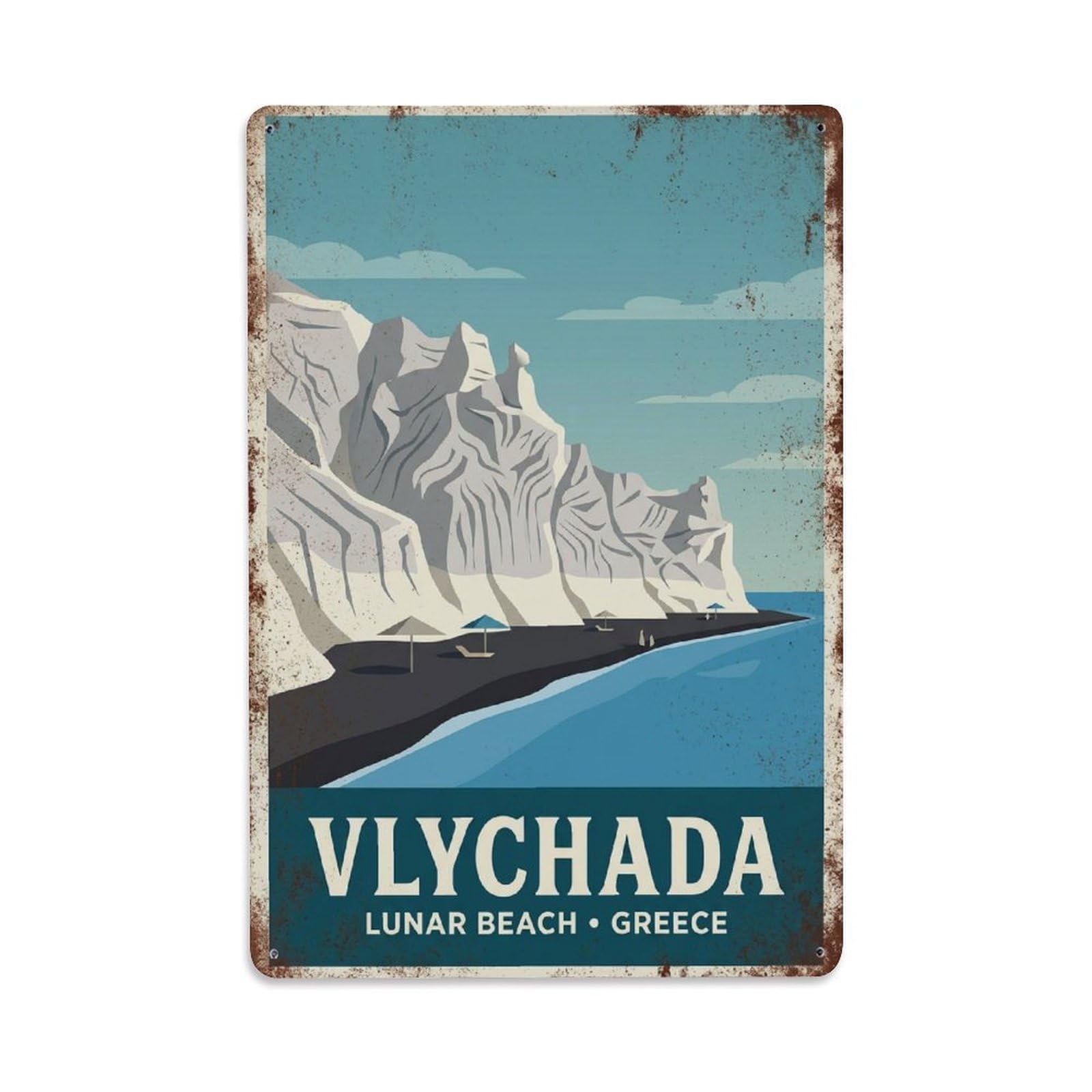 Fyrn Style Metal Tin Sign Vintage Travel Vlychada Greece Beach