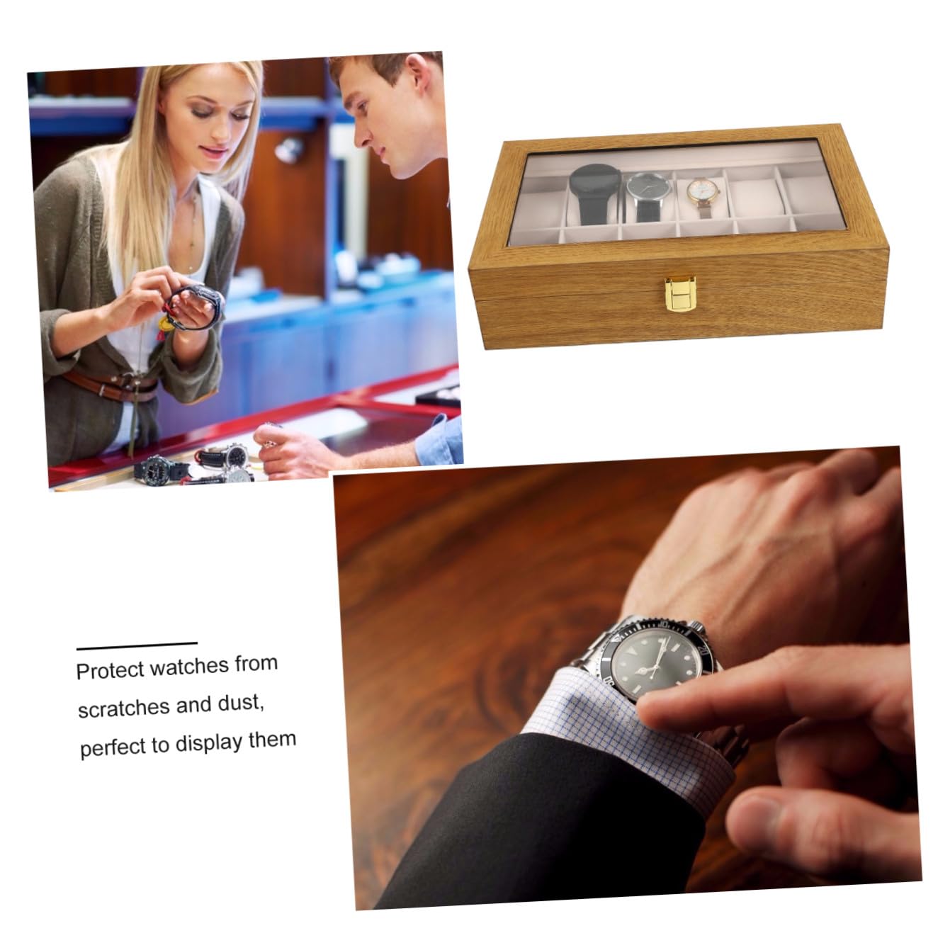 BESPORTBLE Scatola per Orologio da 12 Posti in Legno Chiusura | Organizzatore da Tavolo, Inserti Interni Rimovibili, per Esposizione e Custodia di Orologi