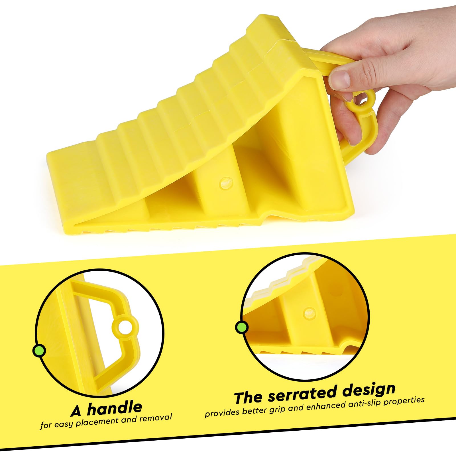 SWAWIS 4 Pezzi Cunei per Ruote in PE Plastica 190x107x107mm Giallo, con Maniglia e 20 Adesivi Riflettenti, Antiscivolo, per Rimorchi Caravan Camper Auto