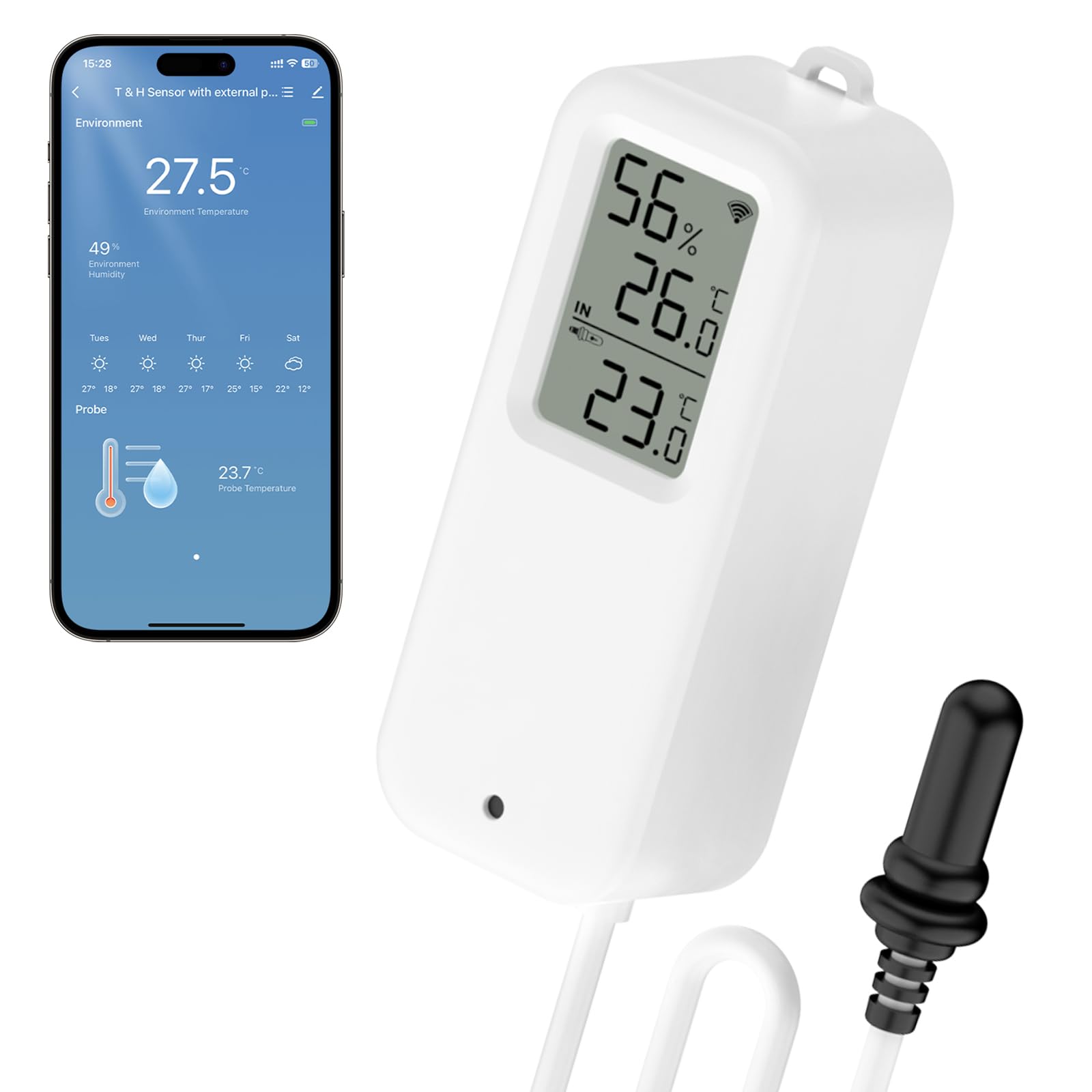 WIOONI 1 Pack WLAN Thermometer, WiFi Hygrometer mit Externem Sensor und Tuya/Smart Life App für Pool, Teich, Aquarium, Gewächshaus, Terrarium, Kühlschrank