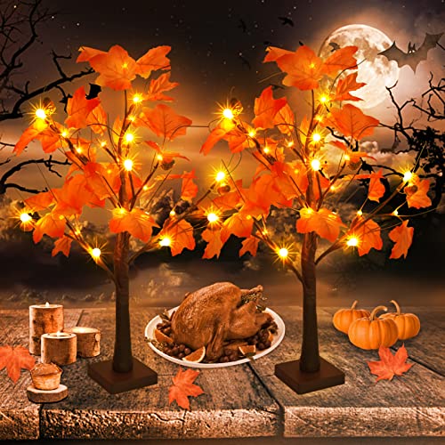 Hezbjiti Paquete de 2 60cm Decoraciones de Halloween Hojas de arce de otono Luces de Arbol con 24 LED de Blanco Calido Globo de Bellota Arbol de Otono Artificial para Halloween Acción de Gracias Decor Cover