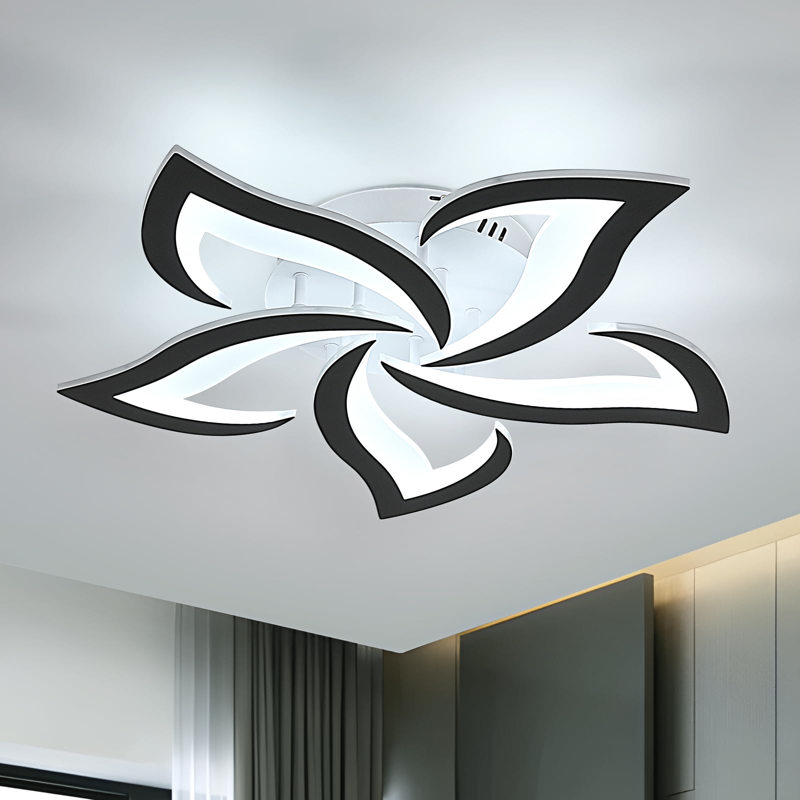 LED Ceiling Light, 60W 5400LM Modern Design Ceiling Lighting, 5 Lights Living Room Ceiling Light Acrylic Black Flower Fittings Ceilings for Bedroom, Kitchen, Dining Room 6500K Cool White
