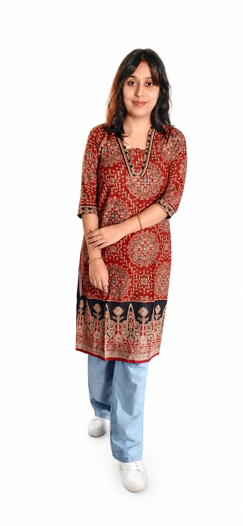 Women's Ajrakh Print Kurti, Black and Red, 3/4 Sleeves, Ethnic Paisley Floral Design, Side Slit-picture-30