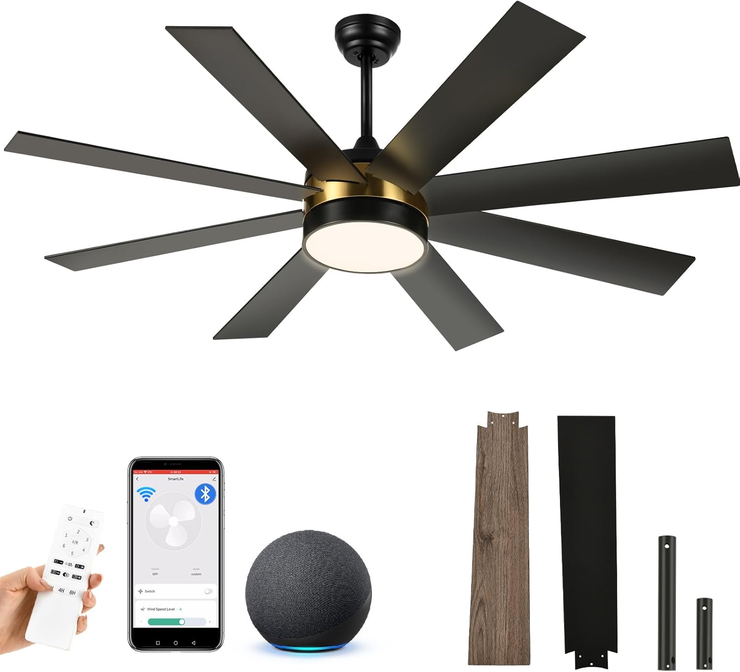 YITAHOME 60 Inch Black Gold Ceiling Fan with Lights and Remote,8 Blades,App Control, Modern Smart Ceiling Fan Compatible with Alexa for Indoor, Reversible Quiet Motor, Memory Function