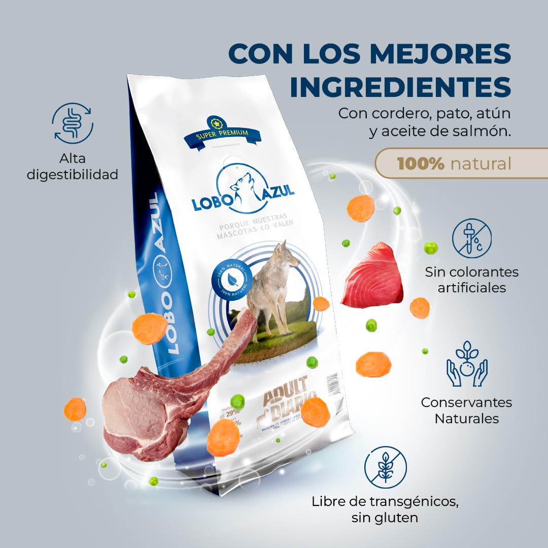 Pienso Natural para Perros Adultos - Comida Completa y Equilibrada con Cordero, Pato y Atún - 15kg Lobo Azul Adult Diario