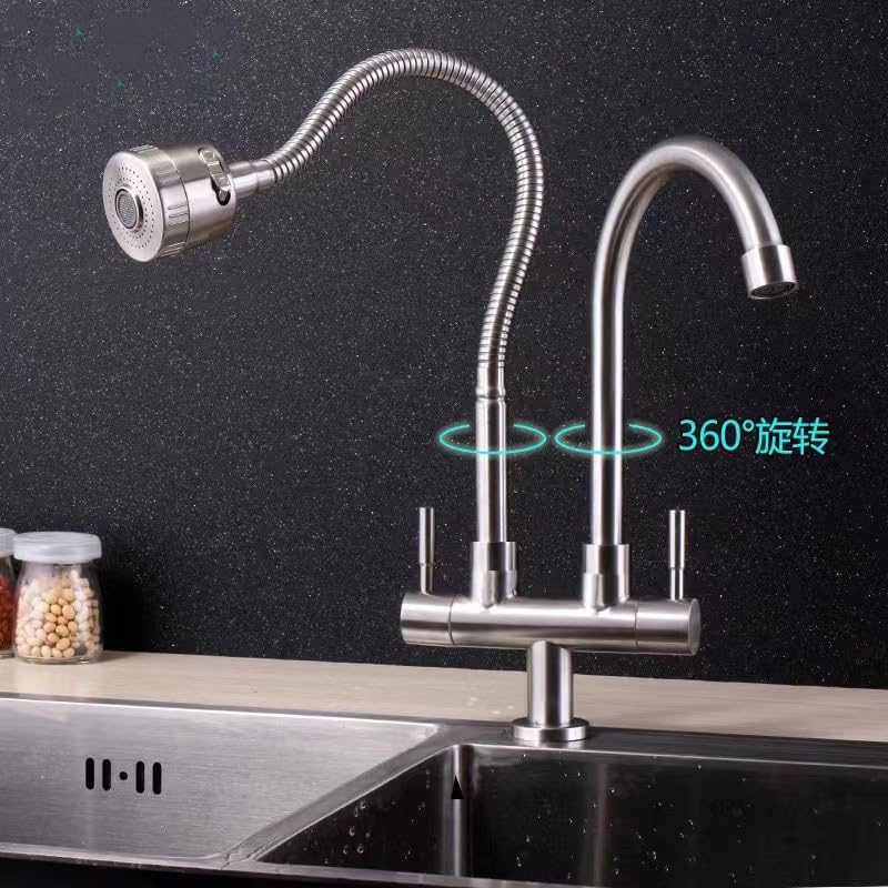 Grifo Cocina Cocina De Acero Inoxidable Doble Tubo Doble Control Doble Manija Una Entrada Dos Salidas Grifo Giratorio Universal De Agua Fría Para El Hogar Codo + Ducha Universal