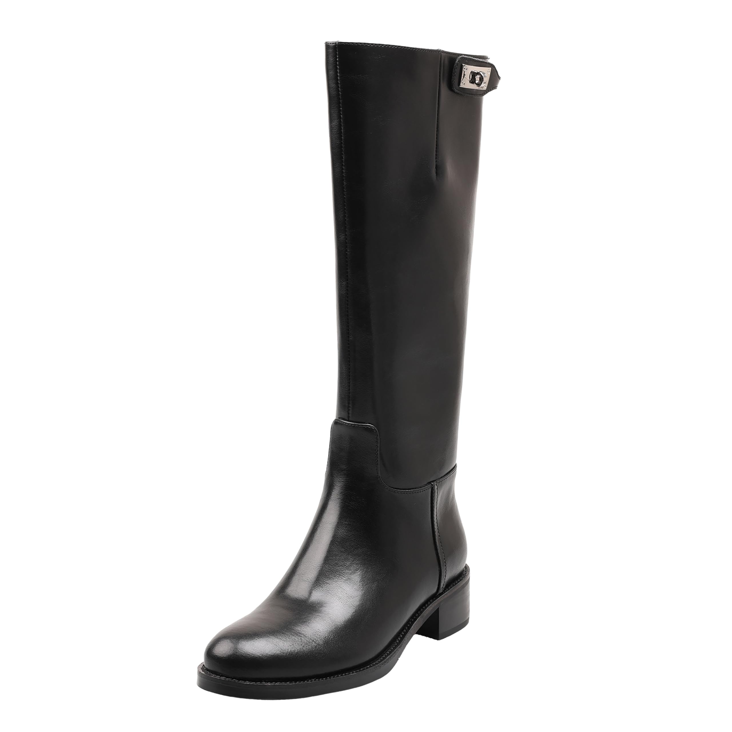 Womens Leather Knee High Boots Polished Riding Boot with Block Heel Silver Clasp Detail Almond Toe Classic Equestrian