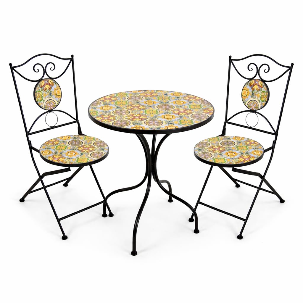 Set Tavolo e 2 Sedie Pieghevoli da Giardino in Metallo con Mosaico, Set 3 Pezzi Tondo per Balcone Terrazzo Bistro (Giallo)