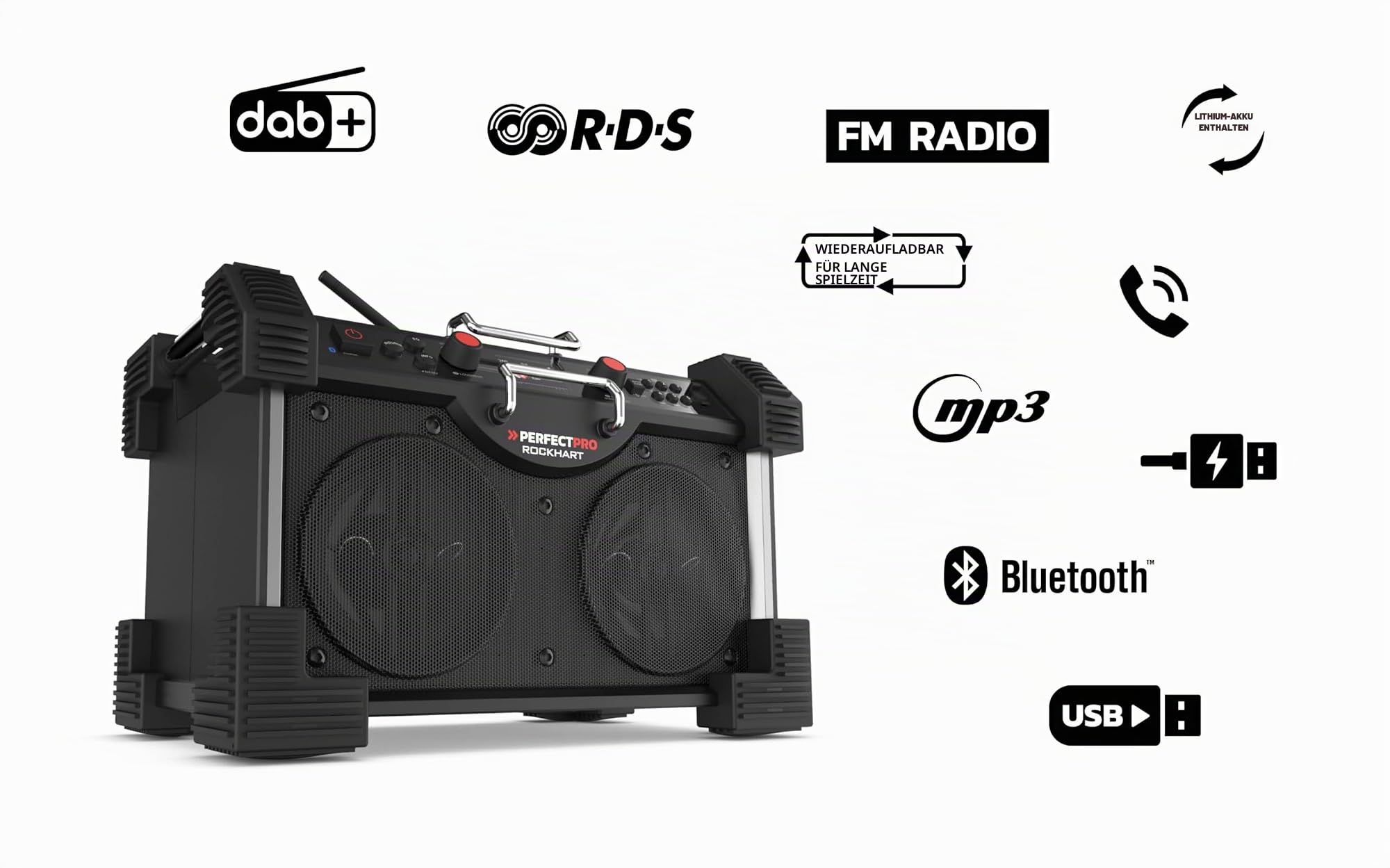 PerfectPro Baustellenradio ROCKHART, DAB+ und UKW-Empfang, Bluetooth, AUX-Eingang und USB-Eingang, Powerbank, Inklusive Ladegerät und Lithium-Akku, RH4