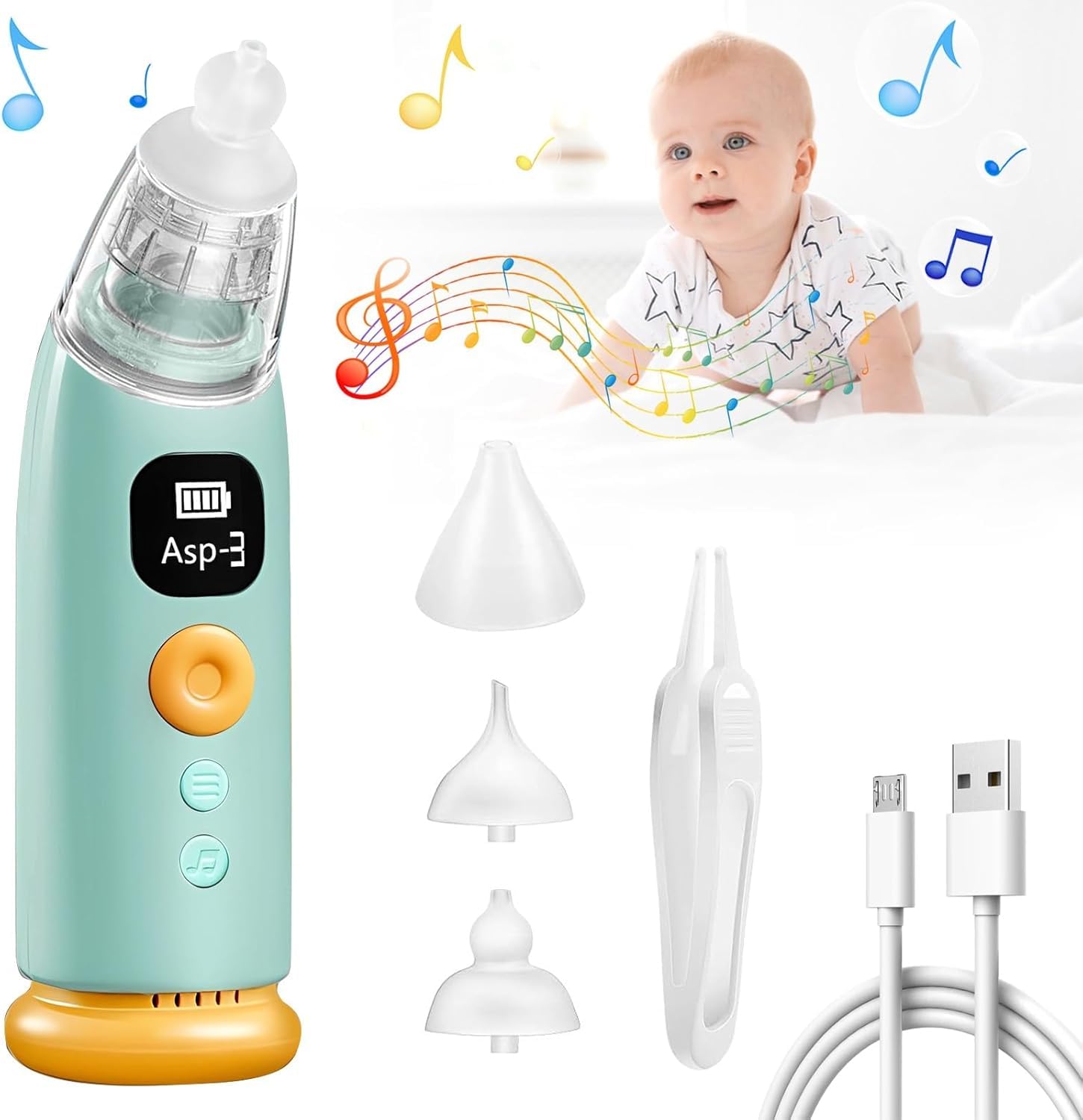Aspiratore Nasale Elettrico per Neonati, 3 Livelli di Aspirazione, Punta in Silicio Morbida, Silenzioso, Antiritorno, Luci LED e Musica Rilassante,Aspirazione Sicura 25–60 kPa per Bambini e Neonati