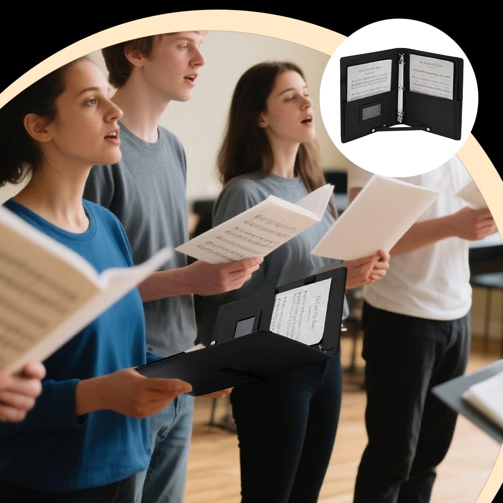 FINGERINSPIRE Classeur Partitions Musique Noir Cuir Pu Porte Partitions de Piano Classeur à 3 Anneaux Porte Partition Avec Bande Élastique et Poignée pour Piano Chorale Performance Musicale