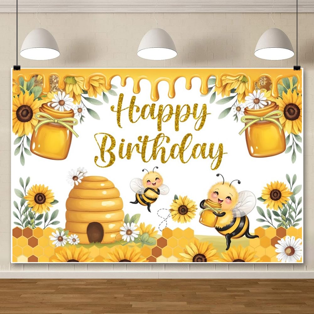 ChloropLastid 7x5ft Bee Birthday Backdrop Yellow Cute Bees Blooming Wildflowers Funny Photography Background Boys Girls Baby Shower Birthday Party