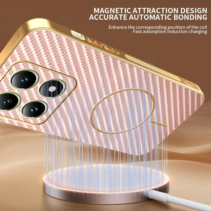 Capa de telefone para Xiaomi 15T compatível com MagSafe capa de silicone textura de fibra de carbono 3D, fina para Xiaomi 15T, à prova de choque, anti-arranhões e impressões digitais (rosa)