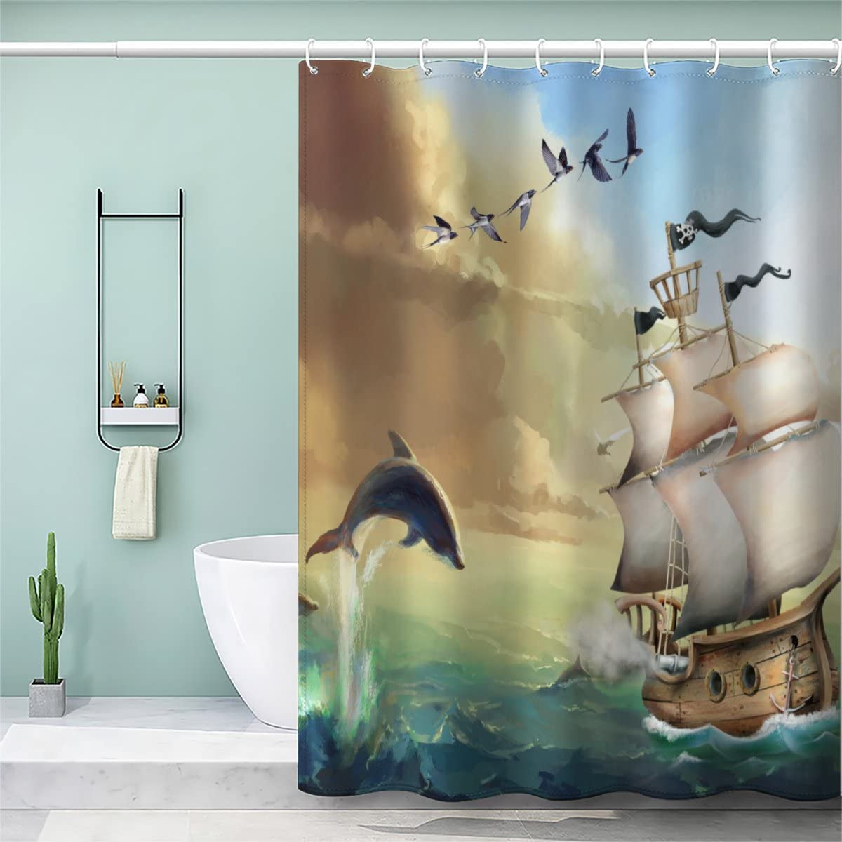 AOLIGL 3D Printed Dolphin Sailboat Shower Curtains with 12 Hooks, Green Black Grey White Weighted Shower Curtain 200x200 Art Deco Luxury Shower Curtain with Eyelets