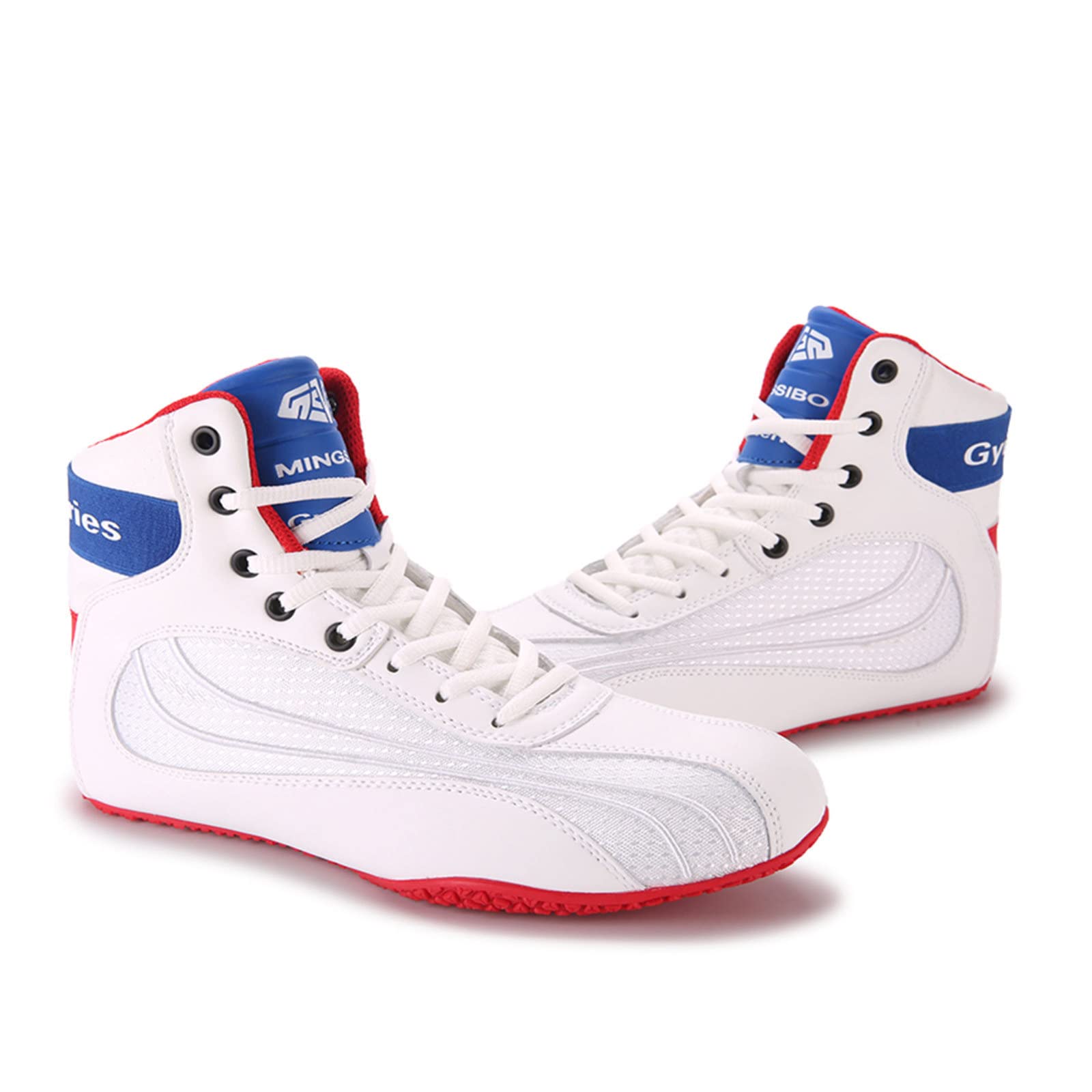 ZKHD Buty bokserskie męskie buty zapaśnicze, młodzieżowe kickboxing, sparing, bokserki, obuwie bokserskie, oddychające buty bokserskie, biało-czerwone, 45 EU