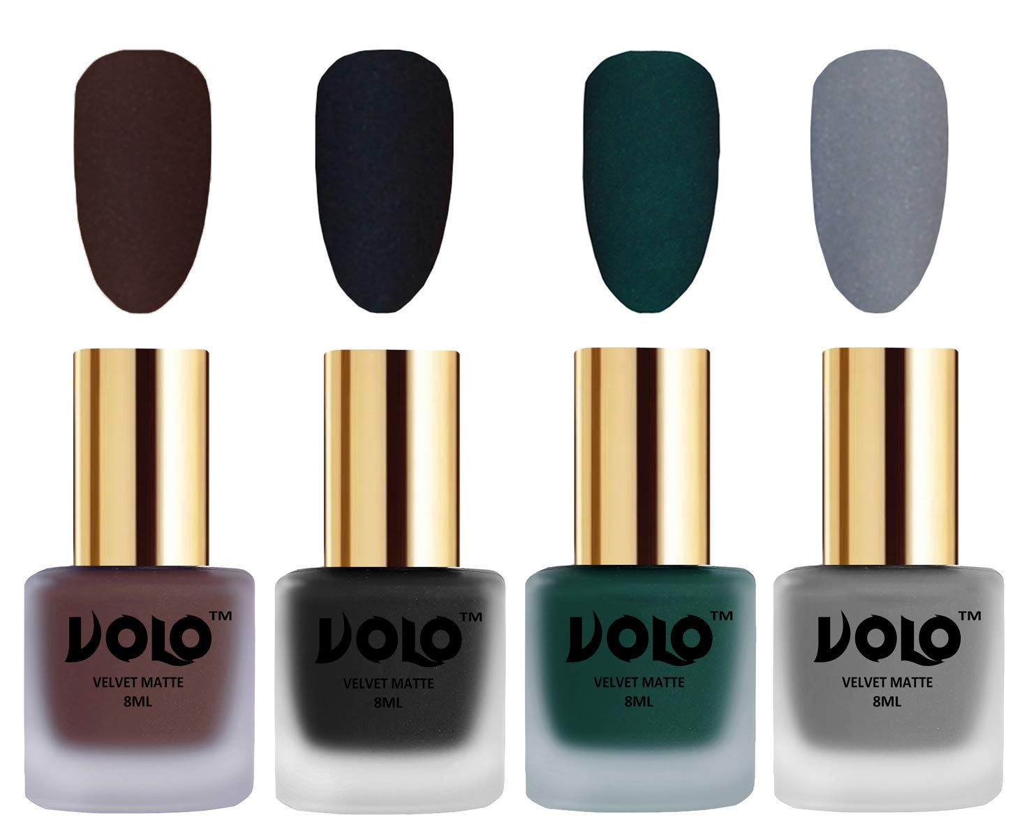 Volo Velvet Dull Matte Posh Shades Party Girl Range Nail Polish Sets(Chocolate Brown, Black, Dark Green, Grey 32 ml) Pack of 4