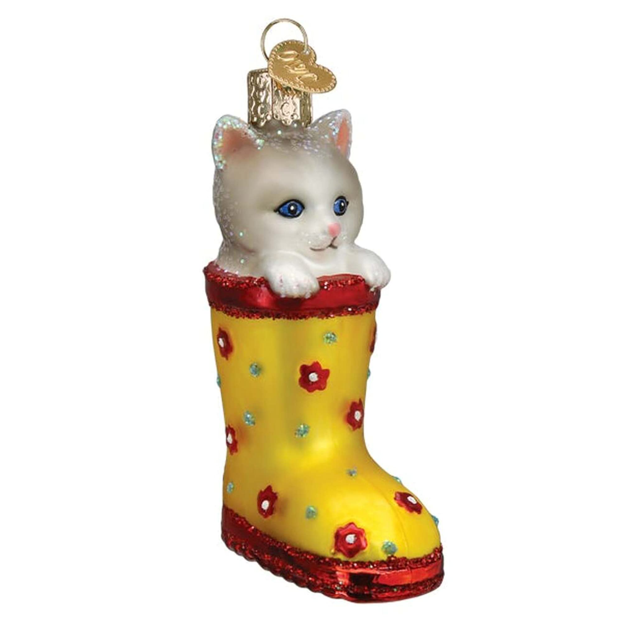 Old World Christmas Kitten In Rain Boot Glass Blown Ornament For Christmas Tree, Handcrafted Holiday Decoration, Cat Collection