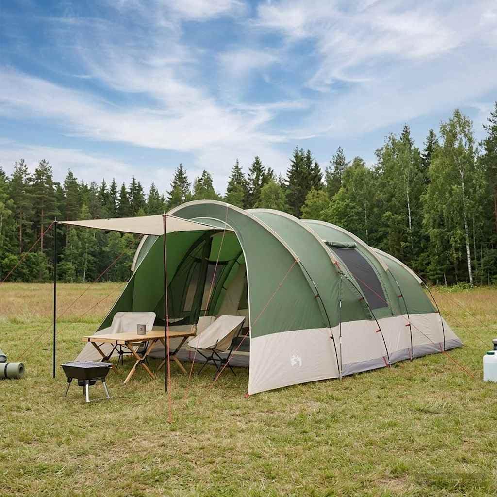 Namiot tunelowy zielony z poliestru 185T z powłoką PU, 560 x 395 x 212 cm, namiot samorozkładający dla rodziny, z linkami napinającymi i śledziami, ochrona przed promieniowaniem UV i