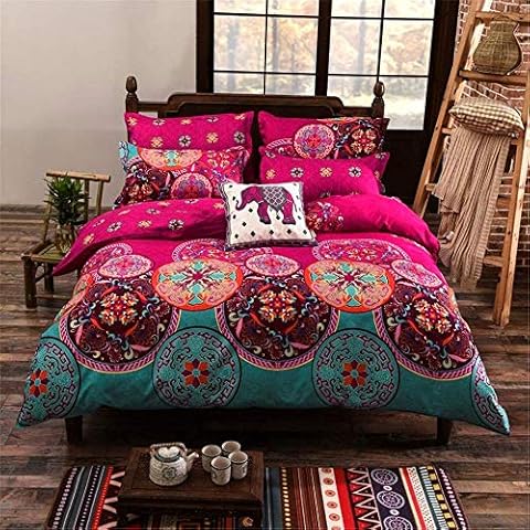 Bohemian King Duvet Cover Set Blue with Brown Boho Chic Mandala Medallion Printed Soft Microfiber Bedding, with Zipper Closure Cover