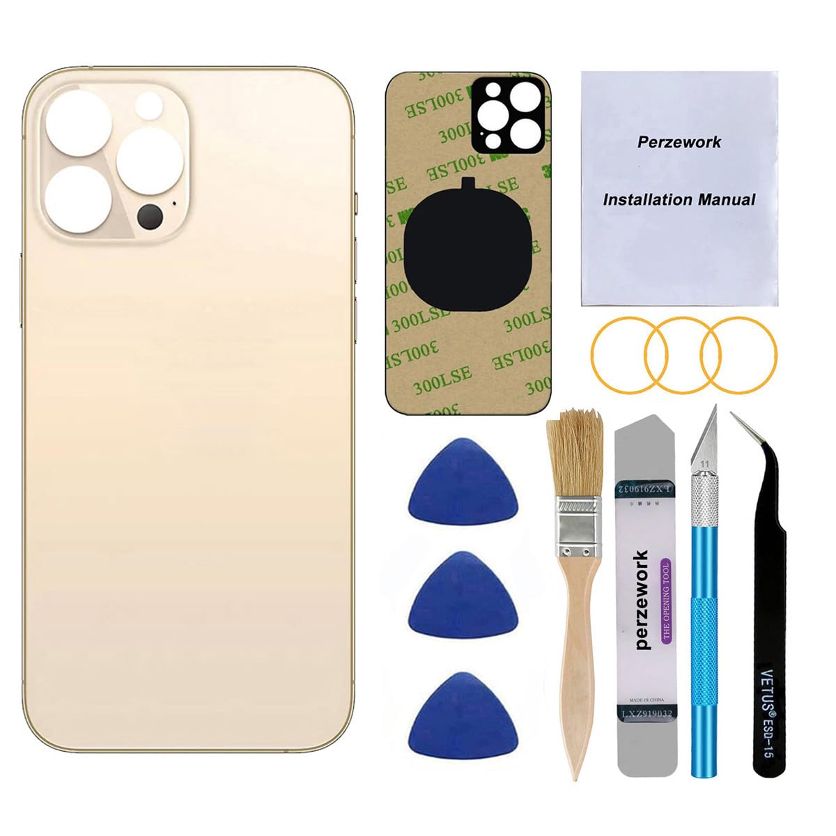 Perzework - OEM Back Glass Replacement (Gold) Compatible with iPhone 13 Pro Max 6.7 inch, All Carriers with Pre-Installed Adhesive and Repair Tool Kits