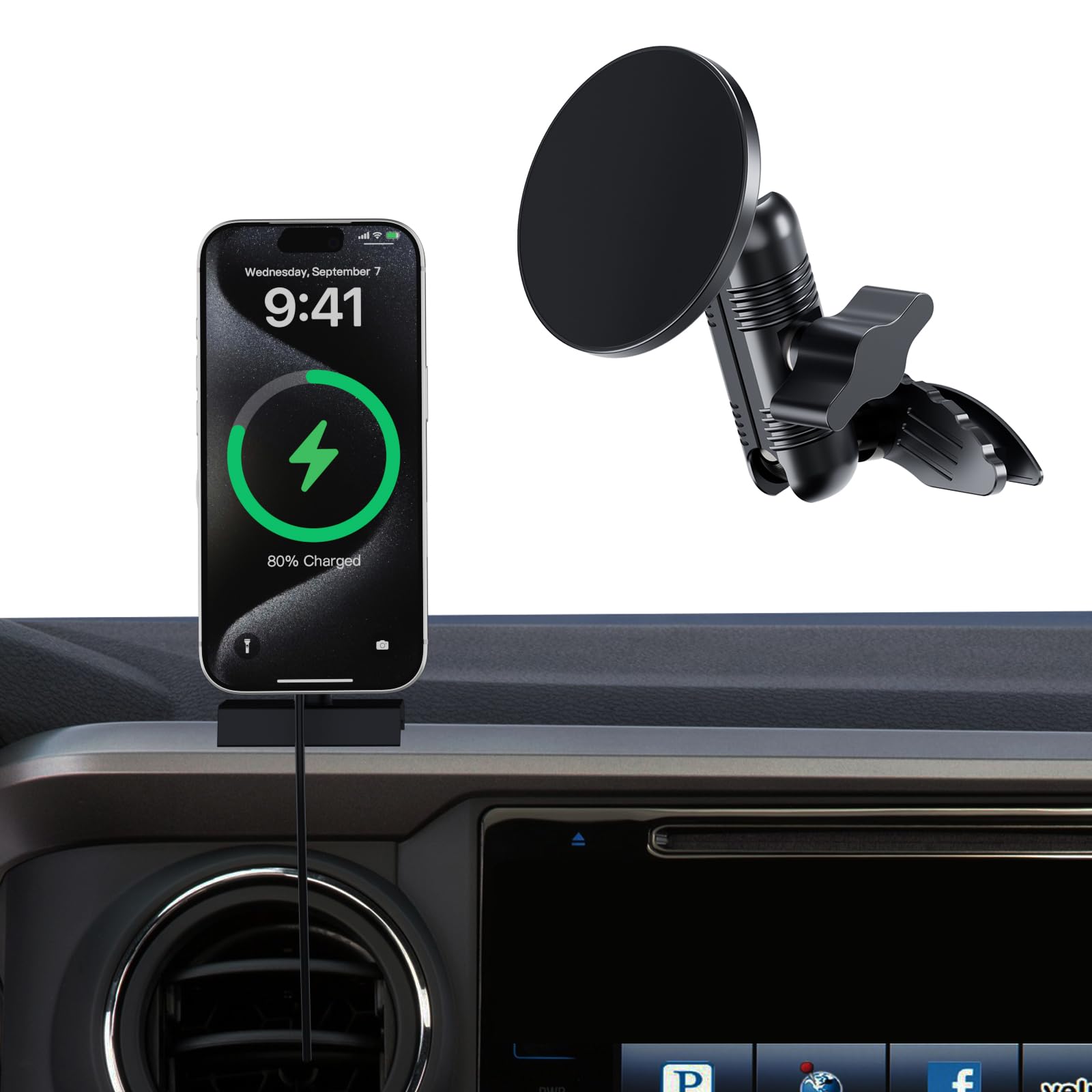 Car Charger Phone Mount for Toyota Tacoma 2016-2023 3rd Gen Tacoma Dashboard Clip Cell Phone Cradles 360 Adjustable