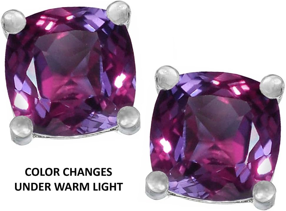 Star K Sterling Silver Cushion-Cut 7mm Earrings Studs Simulated Alexandrite