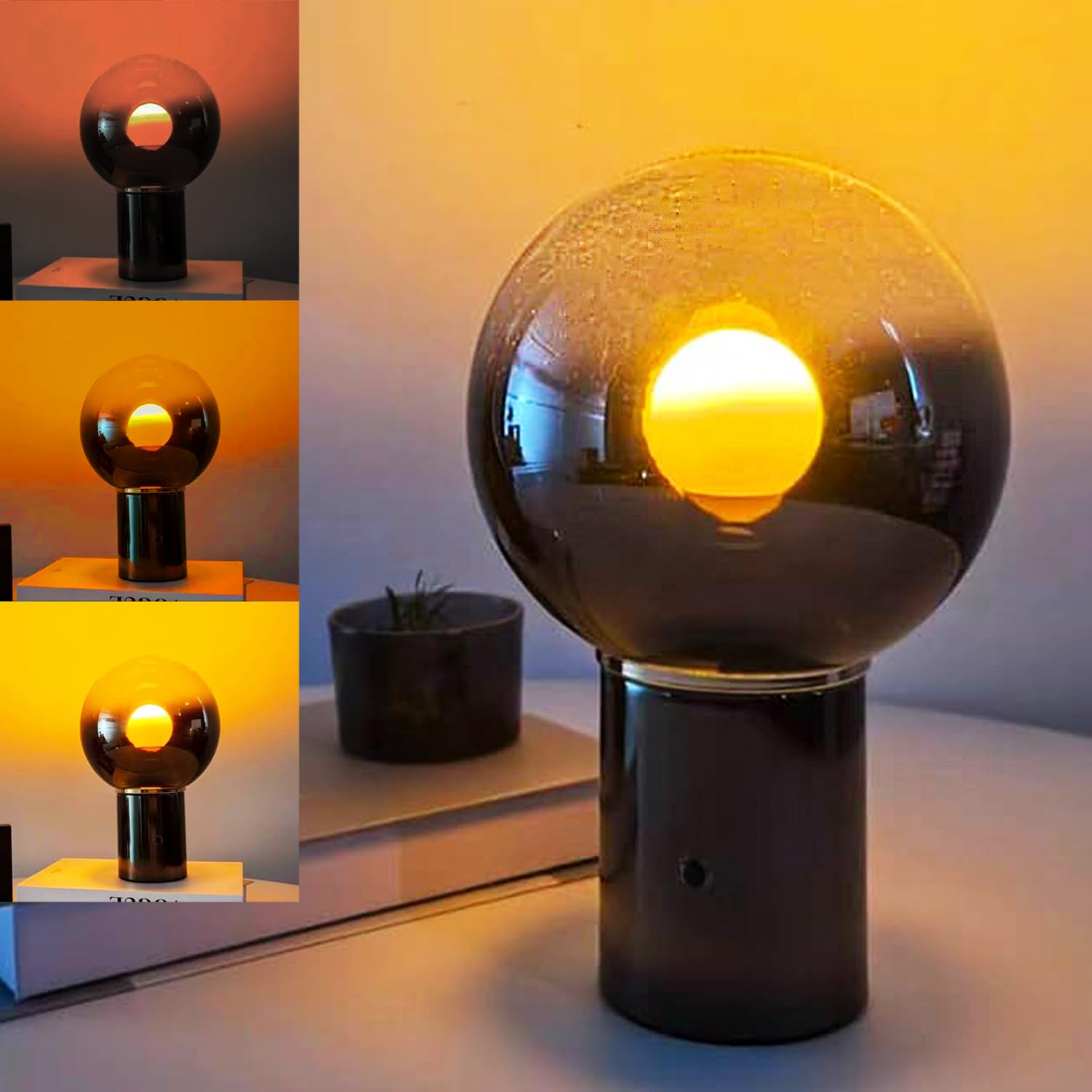 LED Tischlampe Kabellos mit Touch-Control, Sunset Lamp 3000K Warmlicht Akku Tischleuchte Dimmbar mit Glaskugel Lampenschirm USB Aufladbar Sonnenuntergang Lampe für Restaurant Schlafzimmer Geschenk