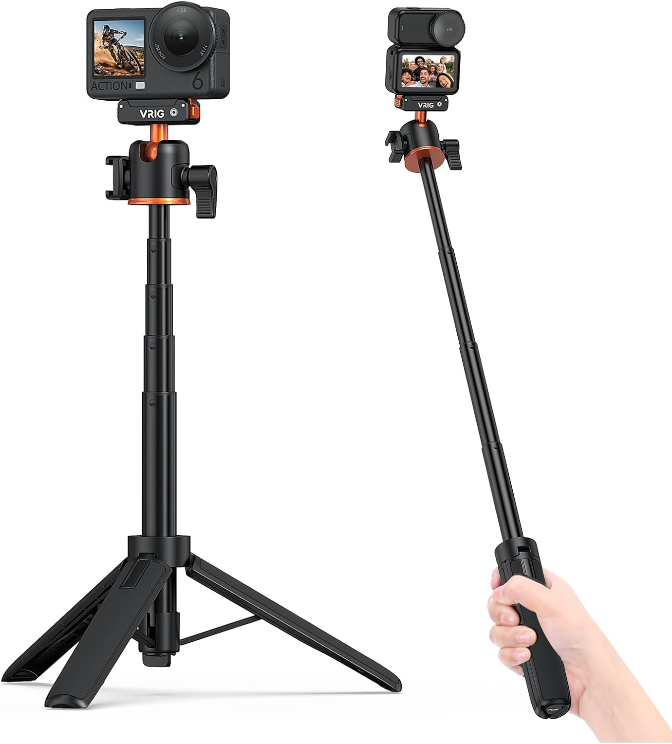 VRIG Action Camera Selfie Stick Tripod for DJI Osmo Nano/Action 6, Dual-Direction Magnetic Quick Release Adapter 360° Ball Head & Cold Shoe Mount, 8 to 21 inches Extendable Rod, AC-40N