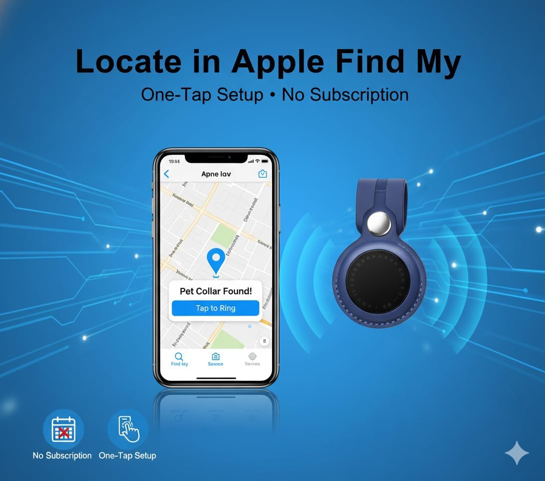 Clip-On Pet Location Tag with Holder – Compatible with Apple Find My (iOS Only), Anti-Lost Hanging Design, Lightweight & Water-Resistant Case for Cats, Collars, Bags (Blue)