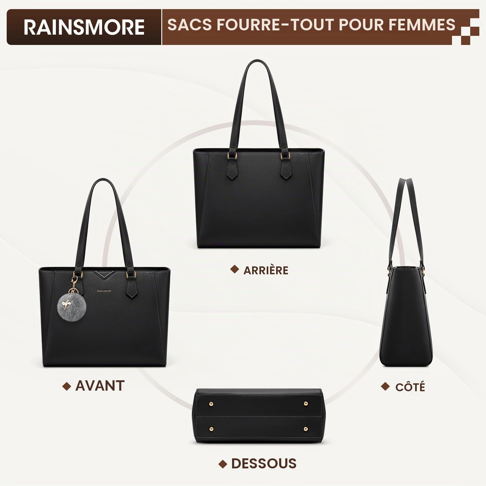 RAINSMORE Sac a Main Femme Sac Cabas Grand Capacité Sacs Fourre-Tout Imperméable Sacs Ordinateur Portable Cuir PU Sac à Main Femme Avec Pompon Amovible pour Cours Affaires Voyage