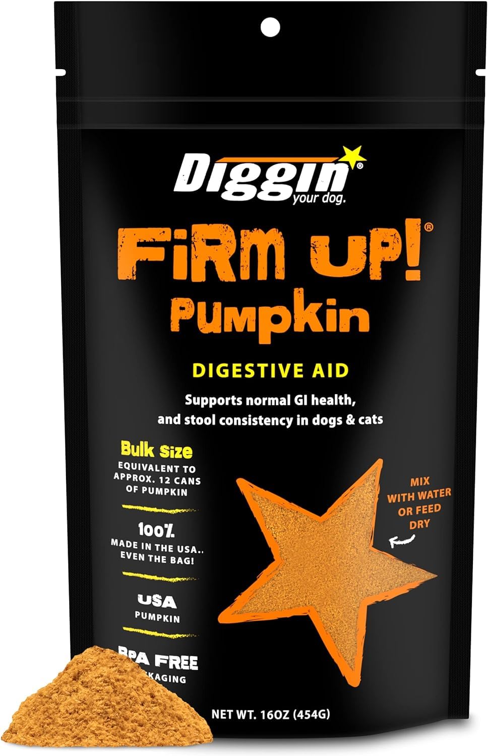 Diggin' Your Dog - Firm Up Pumpkin, Probióticos y Prebióticos para Perros y Gatos, Digestivo Rico en Fibra, Ayuda con Diarrea y Protege Flora Intestinal (453 gr)