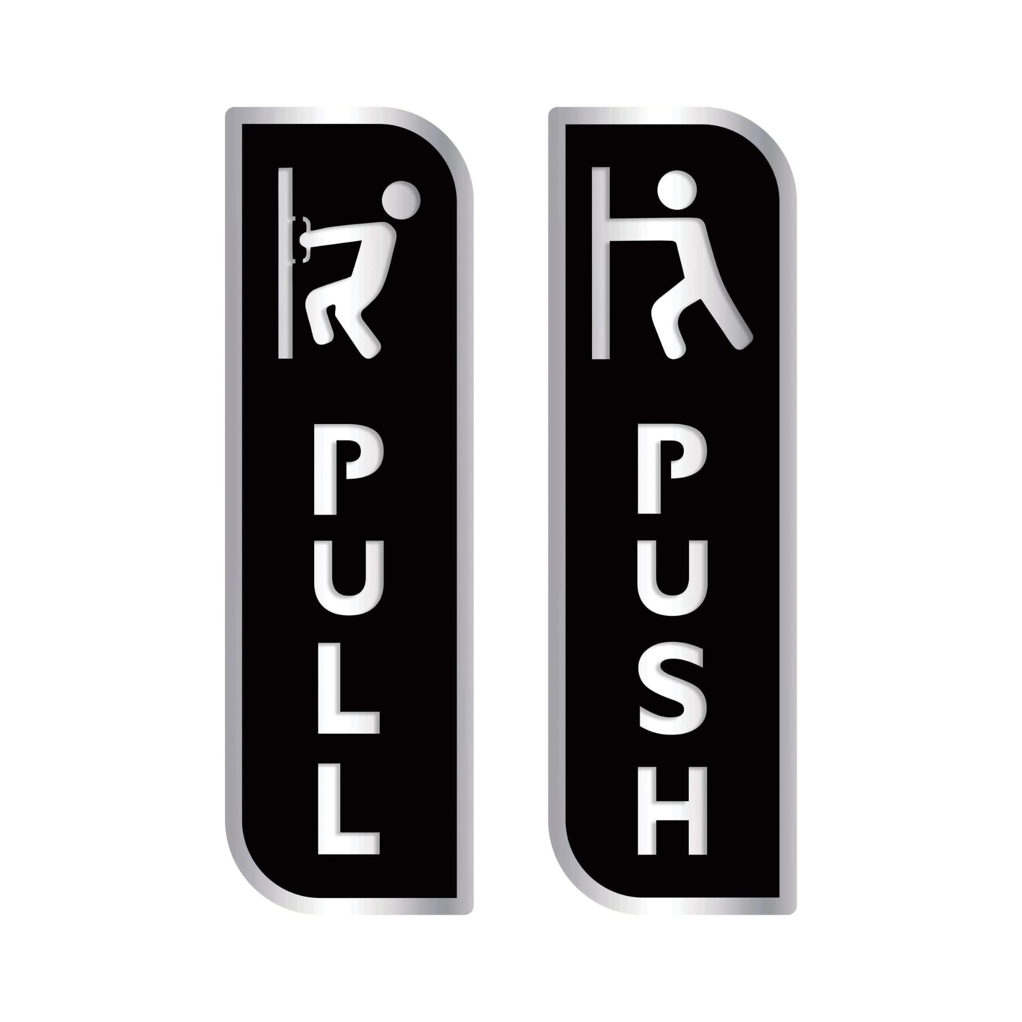 Premium Push Pull Door Sign Set | Double Layer Acrylic Push & Pull Sticker for Glass Door | Gold Mirror Finish with White Cutout Letters | Self Adhesive Door Sign for Office, Shop, Cafe, Hotel & Commercial Use (RC-SILVER_BLC)