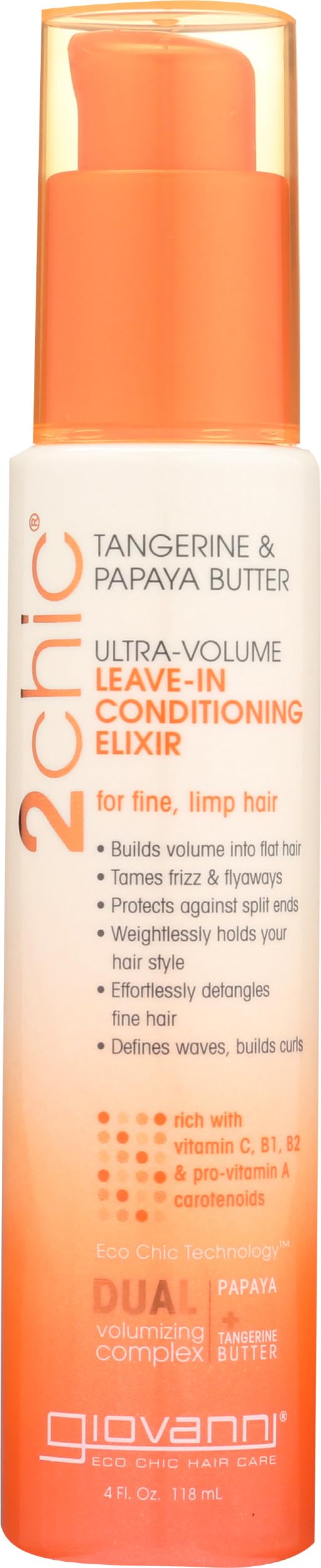 GIOVANNI 2chic Ultra-Volume Leave-In Conditioning & Styling Elixir - Builds Volume, Promotes Weightless Control for Fine/Thin Hair, Volumizing Formula with Papaya & Tangerine Butter, Color Safe - 4 oz