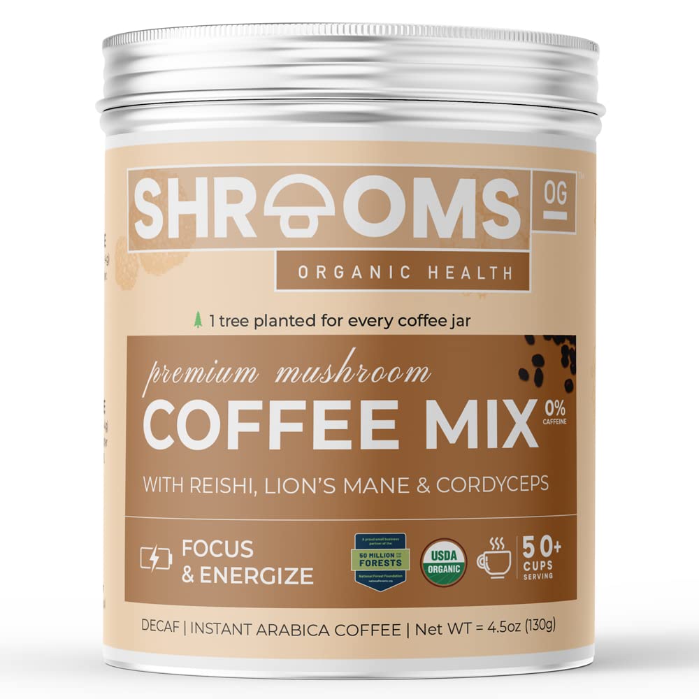 Shrooms OGOrganic Mushroom Coffee Mix with Decaf - Premium Instant Mushroom Coffee with Reishi, Lion's Mane & Cordyceps - Supports Natural Energy Boost, Calms & Soothes with Mushrooms & Adaptogenic Herbs - Industry leading 4.5 oz. | 65 servings