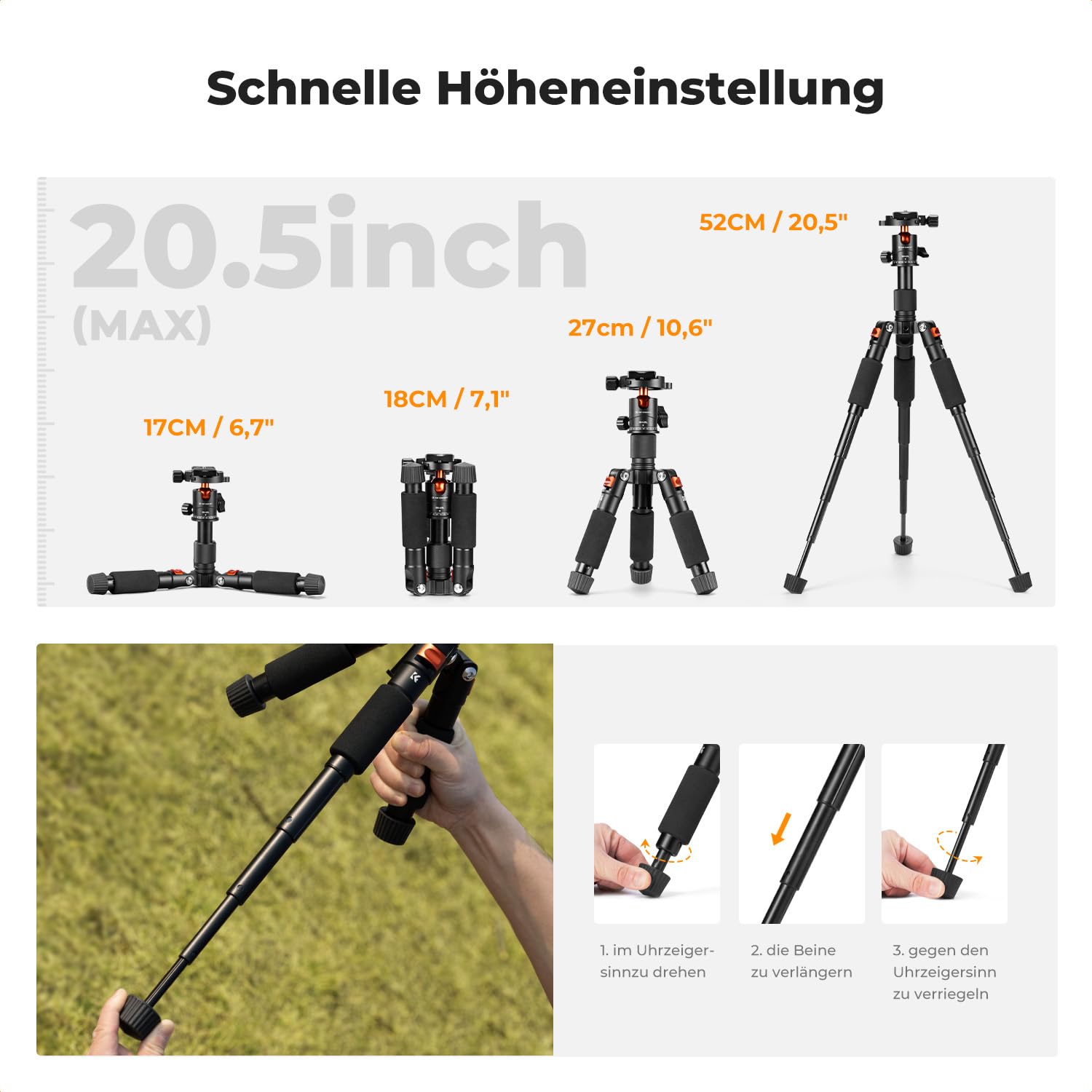 K&F CONCEPT Mini Stativ,kompaktes KameraStativ mit 360° Kugelkopf,52 cm Desktop Stativ,Tischstativ mit Handyhalterung, Tripod für Canon g7x/Sony/Nikon/Fujifilm,Max Belastung bis 6kg,S225A1+BH-25