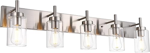 VINLUZ Lámpara de tocador de baño de 5 luces, apliques de níquel cepillado, iluminación de pared, moderna lámpara industrial de montaje en pared