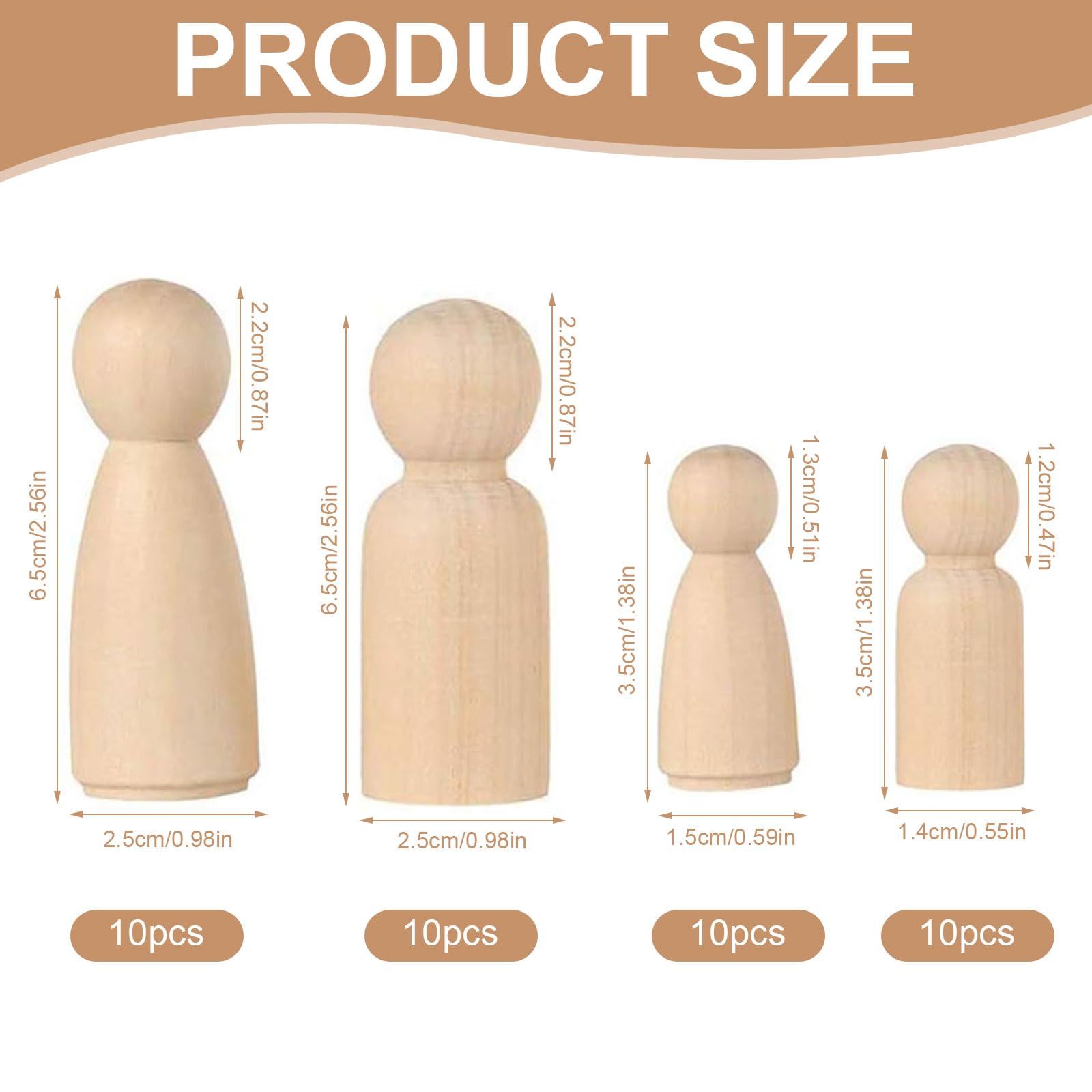40Pcs Wooden Peg Dolls, 35mm/65mm Unfinished Plain Doll Bodies, Wooden People Figures - Image 2